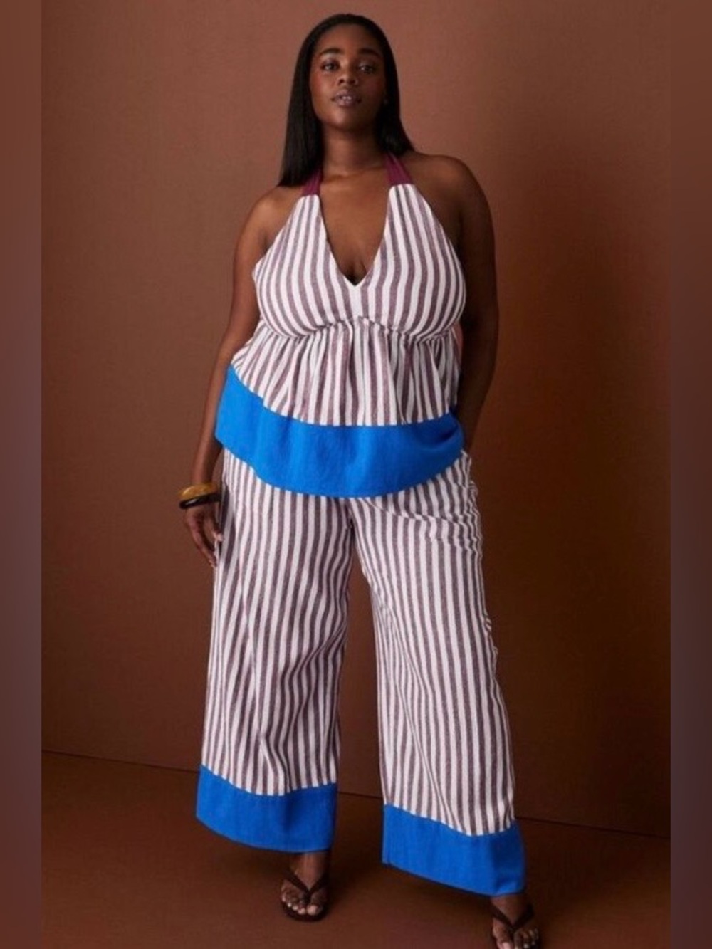 NWT Rosie Assoulin Striped Drawstring Wide Leg Pants Burgundy/Blue 2X